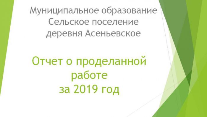 Муниципальное образование Сельское поселение деревня Асеньевское Отчет о проделанной работе за 2019 год